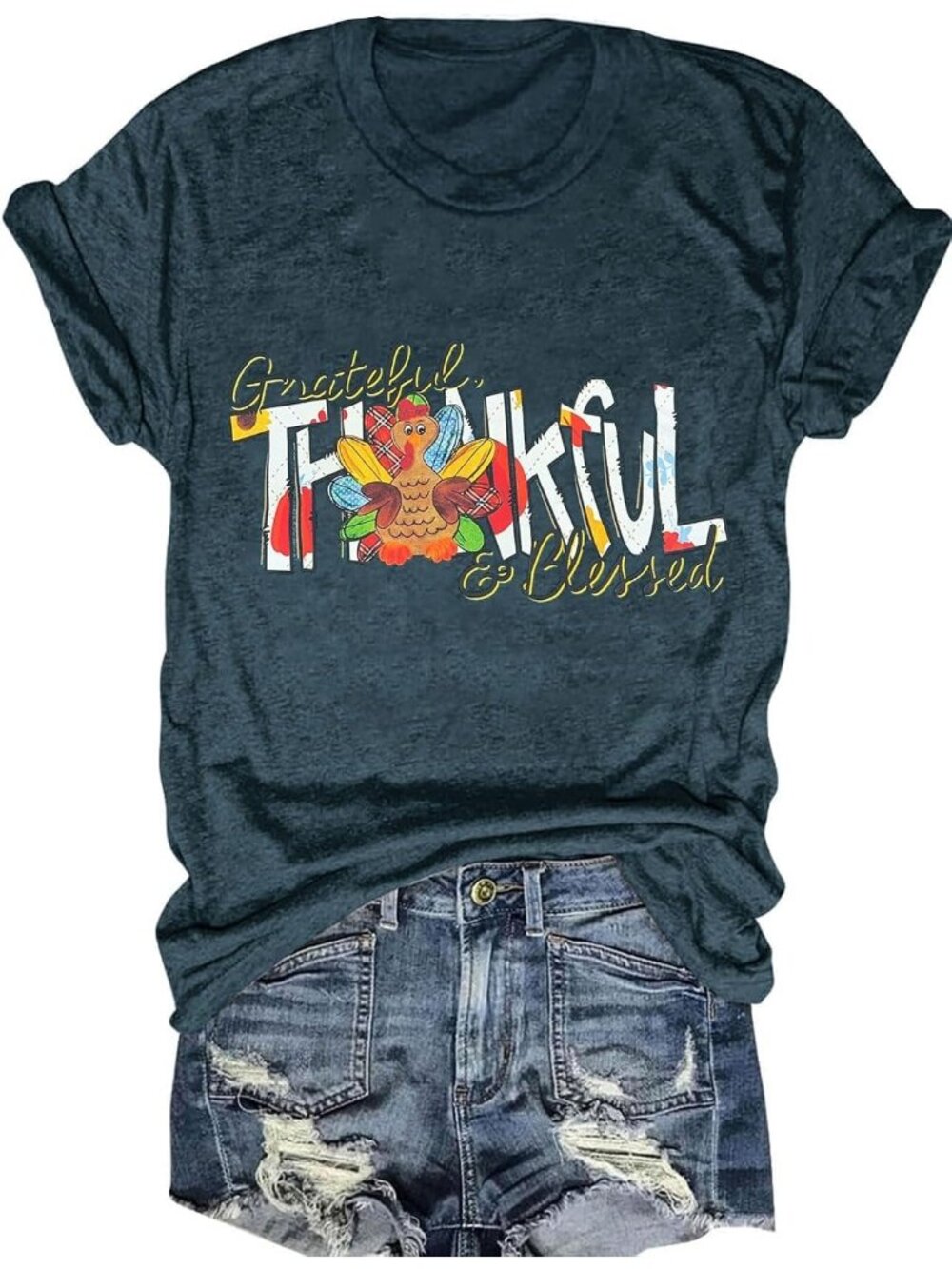 🆕 Women's Dark Green Grateful Thankful Blessed Turkey Graphic Tee Shirt